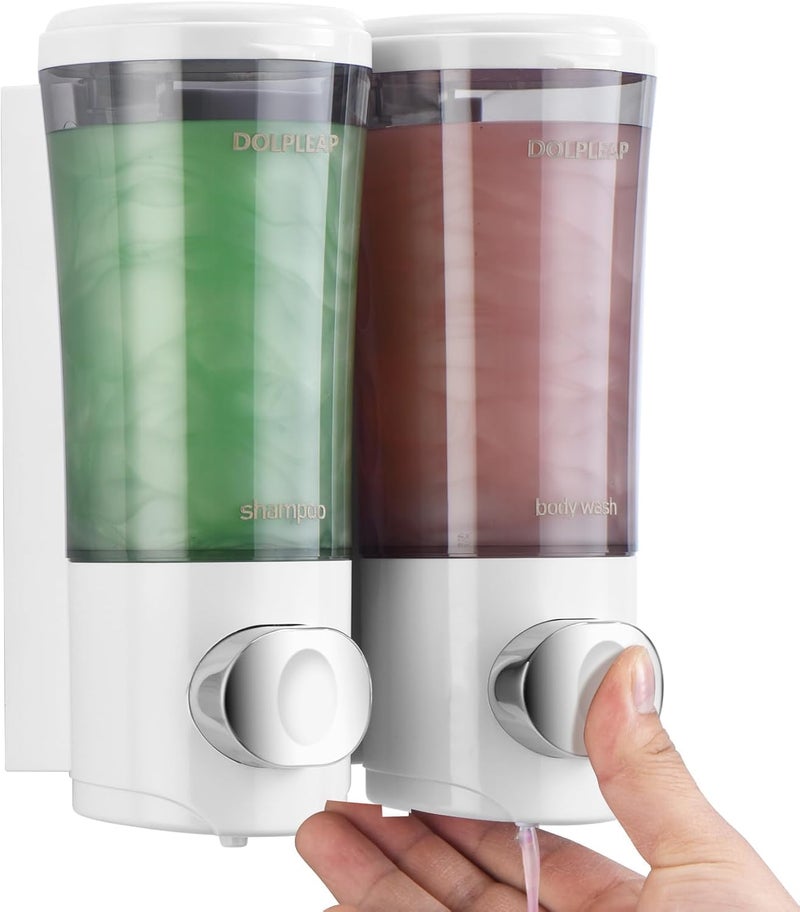DOLPLEAP Shampoo Conditioner Body Wash Dispenser No Drill Shower Soap Dispenser Wall Mounted Shampoo Dispenser 2 Chamber with Upgrade Pump Head Bathroom Soap Dispenser 450ml/Each White - Image 1